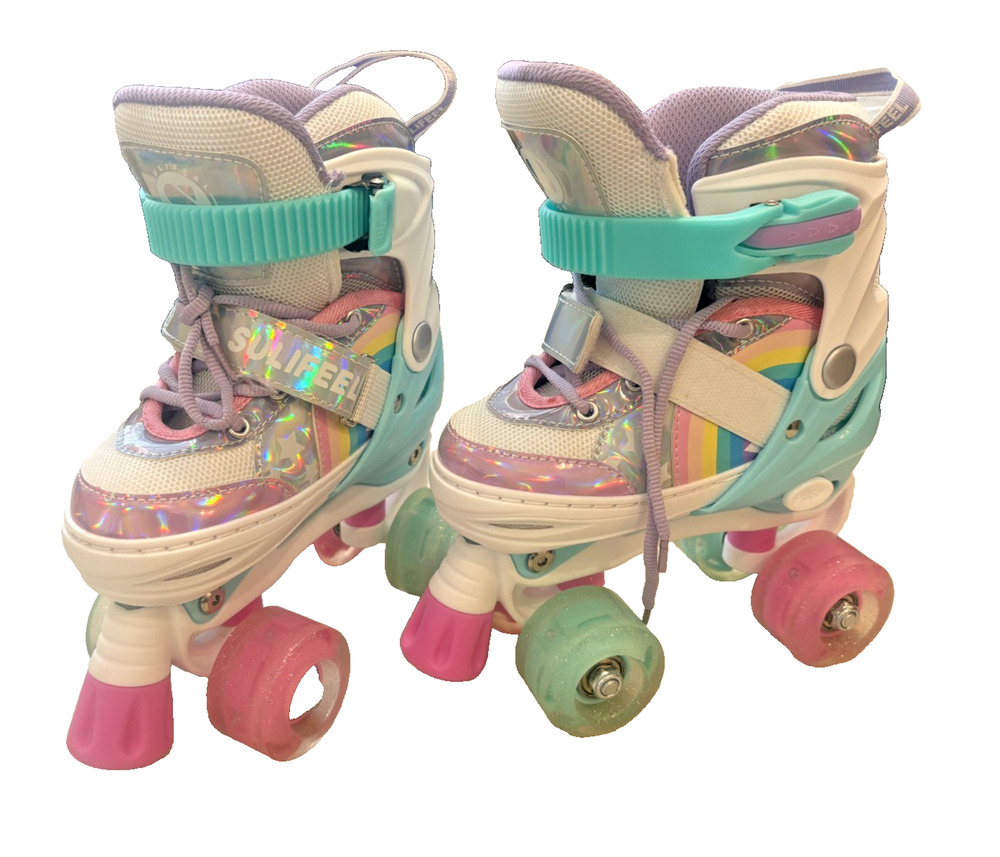 Sulifeel Rainbow Adjustable Light Up Glitter Wheels Roller Skates Size Small